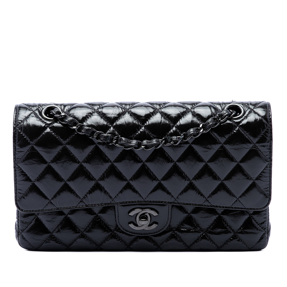 Pre-Loved Chanel Medium Classic Shiny Crumpled Calfskin So Black Double Flap